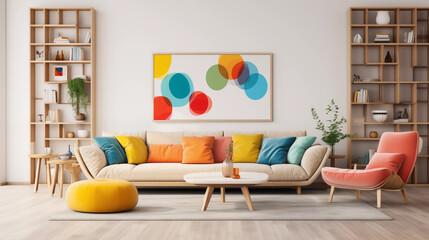 MidCentury Modern Living Room Beige Sofa Colorful Pillows Wooden Shelves