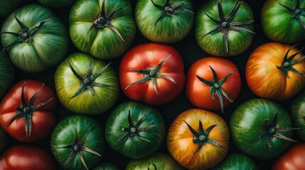 Vibrant collection of green, brown, and red tomatoes from a top view perspective. This colorful tomato arrangement creates an appealing vegan food background with ample copy space.