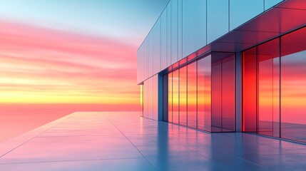 Modern architecture with glass facade against a vibrant sunset.