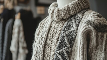 Stylish handmade knitwear in neutral tones displayed on a mannequin, highlighting the intricate details and craftsmanship of the handmade knitwear. Ideal for fashion and design themes.