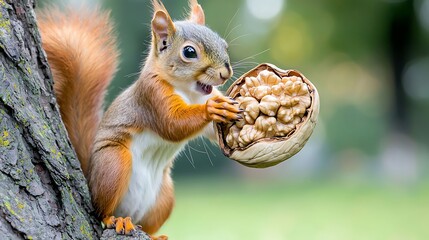 Obraz premium The squirrel quickly scurried up the tree, elegantly balancing a large walnut in its tiny paws