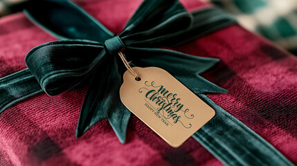 Merry Christmas and Happy New year text on gift tag and wrapped present with dark green bow and ribbon. 