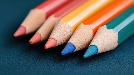 A close-up of colorful, sharpened pencil tips arranged in a neat row, set on a rich blue textured surface.