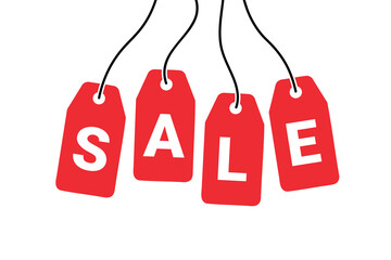 SALE red label, bunch of price tag with white letters, vector illustration