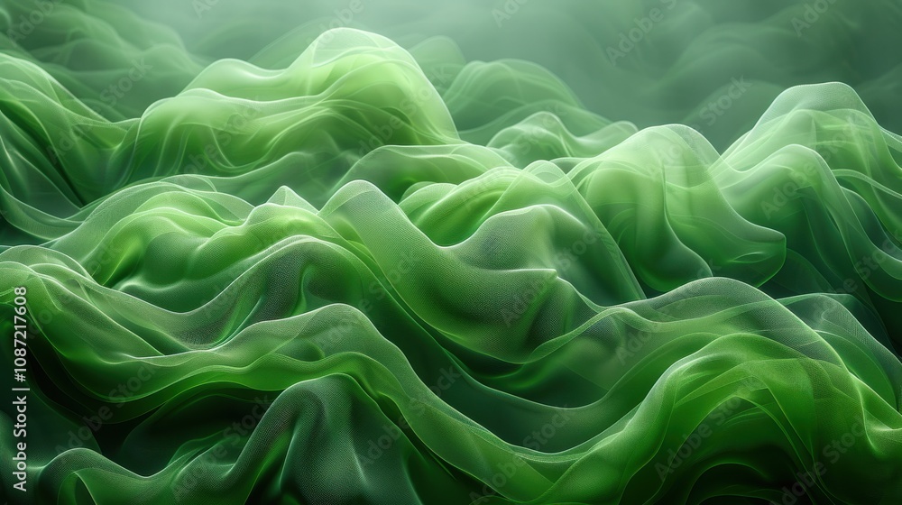 Poster a beautiful abstract design of green fabric waves flowing elegantly in soft light to create a soothi
