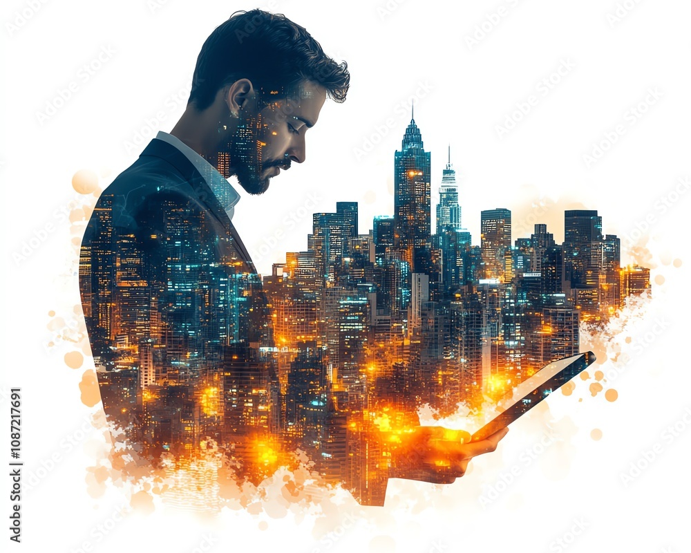 Poster double exposure of a businessman with a tablet and a digital cityscape on a white background, symbol