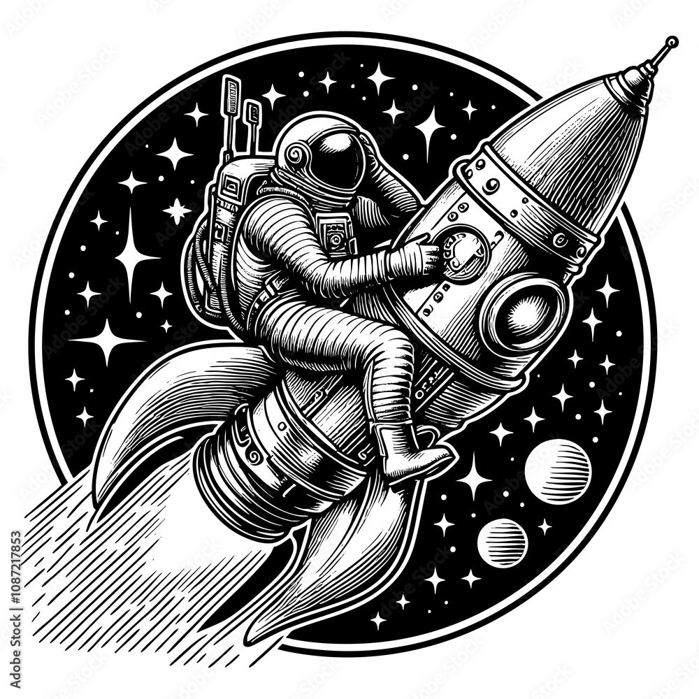 Poster astronaut riding a rocket through space, capturing adventure and whimsy sketch engraving generative 