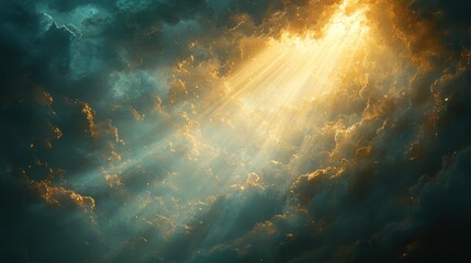 Fototapeta premium Dramatic storm system illuminated by divine light rays during golden hour nature's canvas atmospheric phenomenon