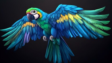 A colorful blue and gold macaw parrot with a long, curved beak, perched on black background