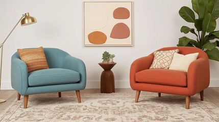 Fototapeta premium Stylish living room featuring a blue and orange armchair, abstract wall art, indoor plant, and modern decor accents in warm tones.