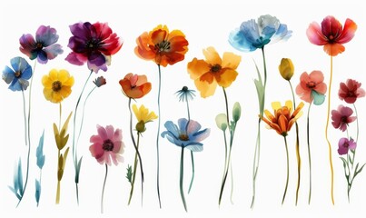 Collection of grunge oil painted summer flowers isolated on white background