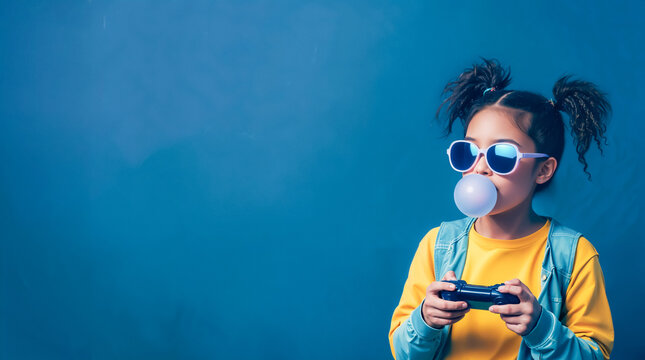 Girl with sunglasses blowing bubble gum while playing video game controller