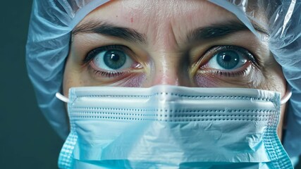 Close-up of a healthcare worker wearing a mask and cap, showing determined eyes and emphasizing dedication and care.