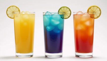 Three vibrant cocktail glasses with lemons  limes