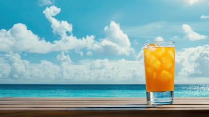 A refreshing glass of ice filled with orange juice sits on a wooden table, perfectly complemented by the blue sky. Ideal for capturing the essence of summer. Copy space available.