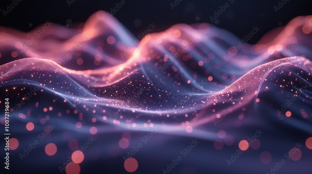 Poster abstract digital landscape with glowing waves and particles creating a mesmerizing visual experience