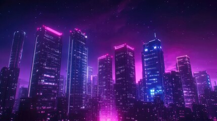 Fototapeta premium A retro 8-bit anime-style cityscape at night, neon lights glowing on high-rise buildings under a dark purple sky.