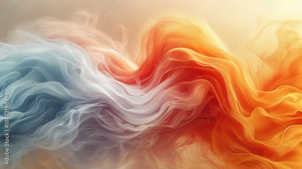 Poster flowing fabric in soft blue and orange hues creates an abstract visual effect, resembling waves of c