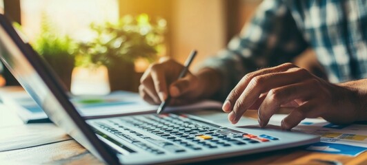 Person working on laptop and calculator, financial analysis, accounting, data entry, budget planning, economic, finance, calculating, paperwork, business