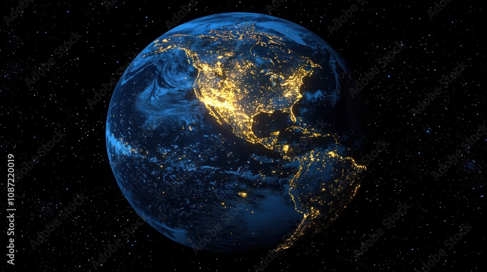 Poster exploring global connectivity digital age earth night view with network connections outer space visu