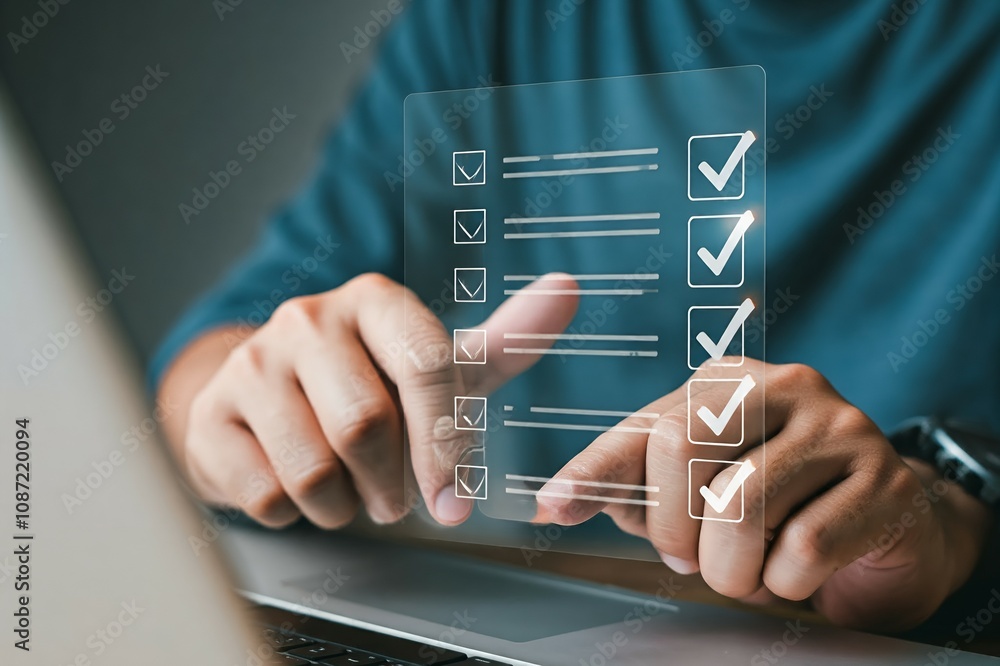Poster person using a futuristic touchscreen interface with checklist items over a laptop.