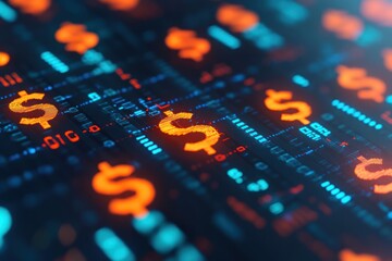 A vibrant digital display featuring glowing dollar signs amidst a matrix of data, representing finance, technology, and modern currency.