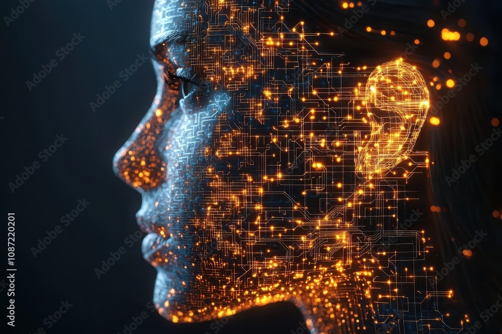 Poster exploring digital brain mapping circuit patterns flowing into hum a technological insight into neuro