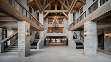 Fototapeta premium Luxury interior of a modern stone building featuring high ceilings, large wooden beams, elegant chandeliers, symmetrical staircases, and ambient lighting.