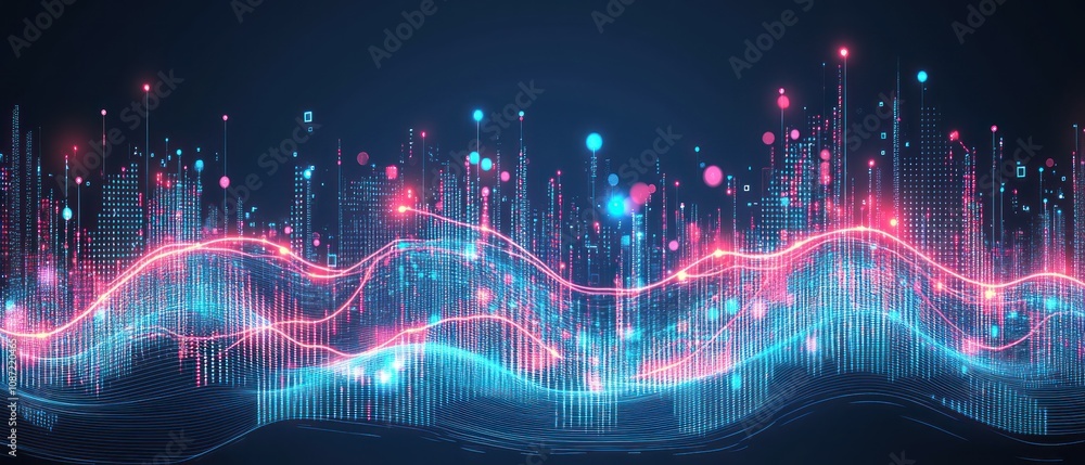 Poster abstract digital visualization of sound waves and data patterns in vibrant colors.
