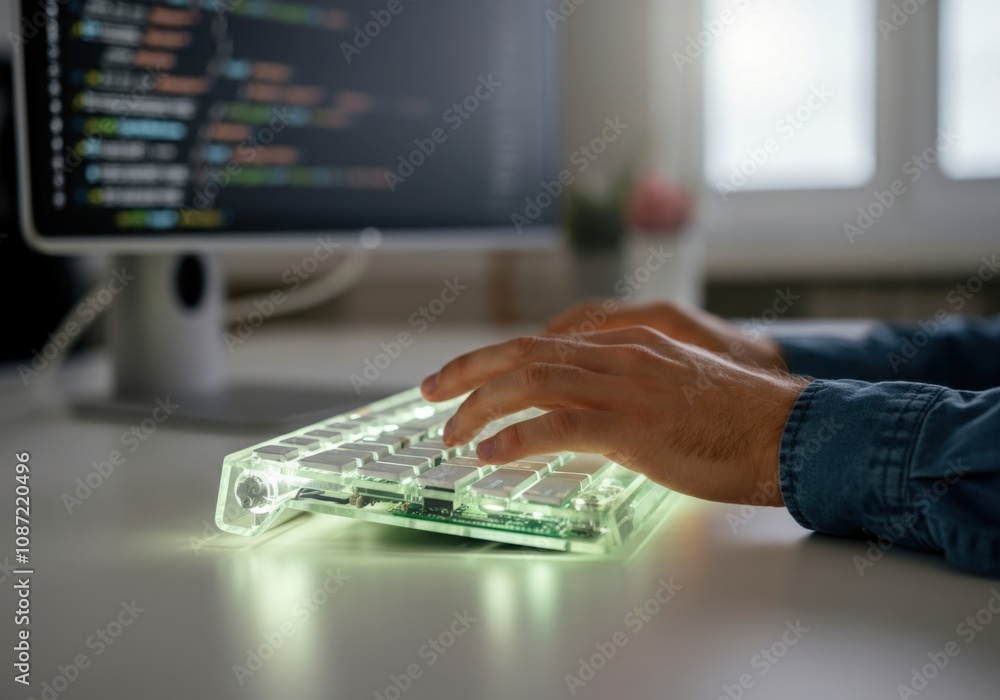 Poster software developer typing on a transparent mechanical keyboard with green backlight, working on a ne