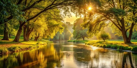 Golden Hour Serenity A Picturesque River Winding Through a Lush Green Canopy of Trees at Sunrise