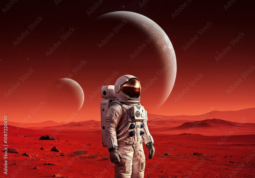 Poster astronaut in spacesuit walking on mars surface, exploring red planet landscape with large moons visi