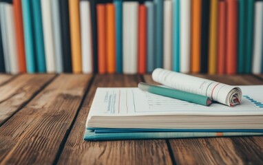 A stack of papers and a rolled document lie on a wooden surface, with a colorful bookshelf in the background.