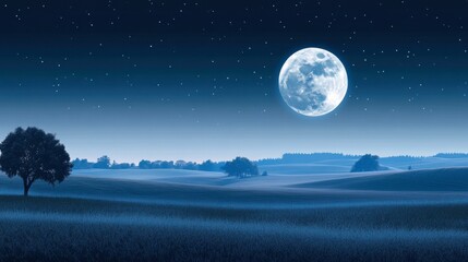 Fototapeta premium The full moon casting its light over a serene countryside, with rolling hills and distant trees.