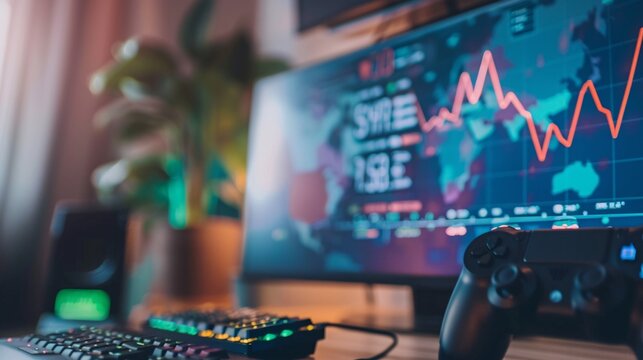 A financial trading dashboard with market charts and graphs displayed on a computer monitor alongside a gaming controller representing the of technology finance