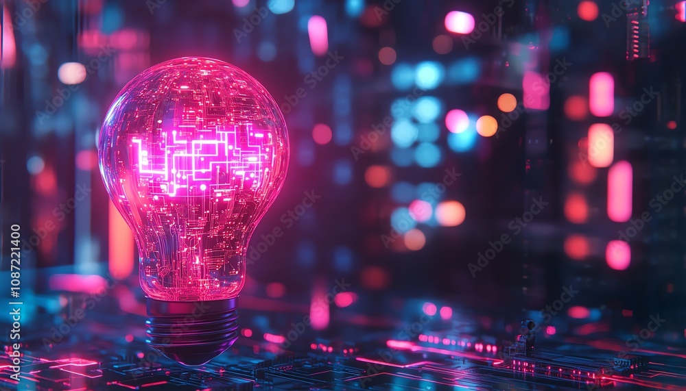 Poster ai system logo featuring a holographic light bulb and circuit patterns, with a blurred night citysca