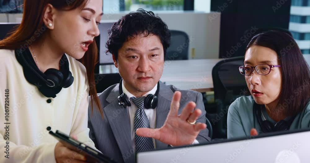 Poster tablet, call center and asian business people on computer with assistant for feedback, teamwork and 