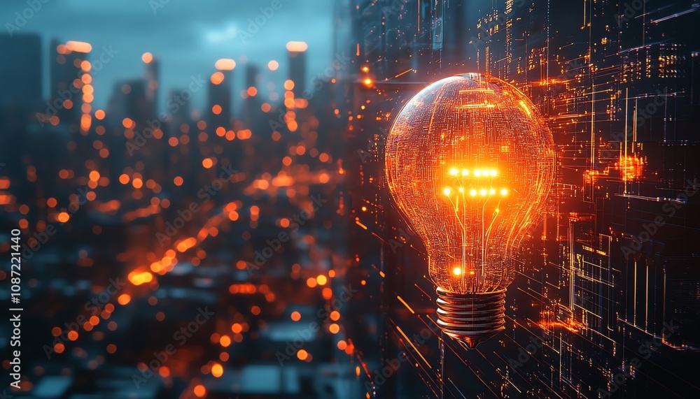 Poster ai system logo featuring a holographic light bulb and circuit patterns, with a blurred night citysca