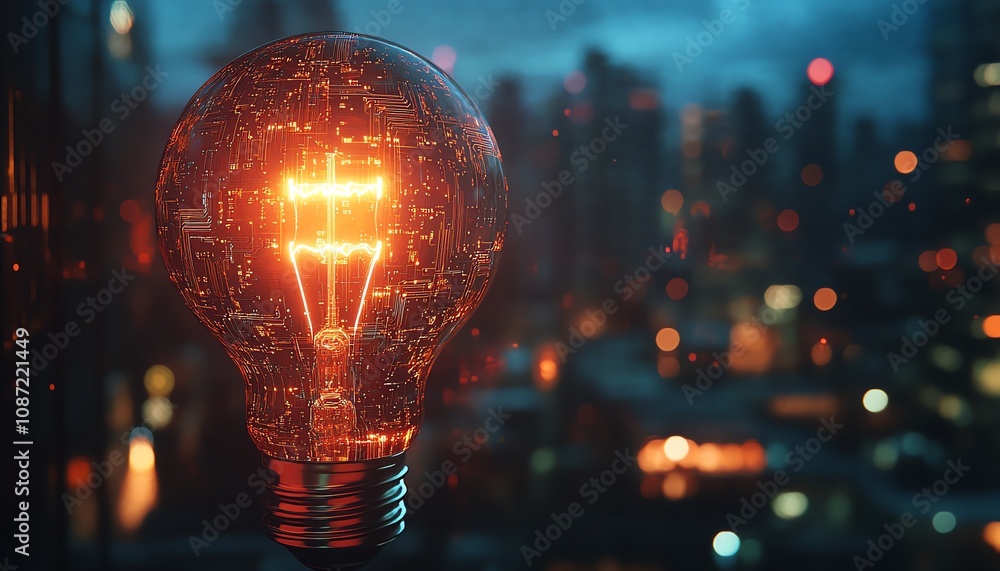 Poster ai system logo featuring a holographic light bulb and circuit patterns, with a blurred night citysca