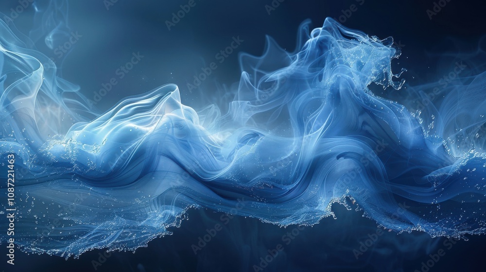 Poster stunning blue waves with swirling patterns and sparkling droplets captured in a tranquil underwater 