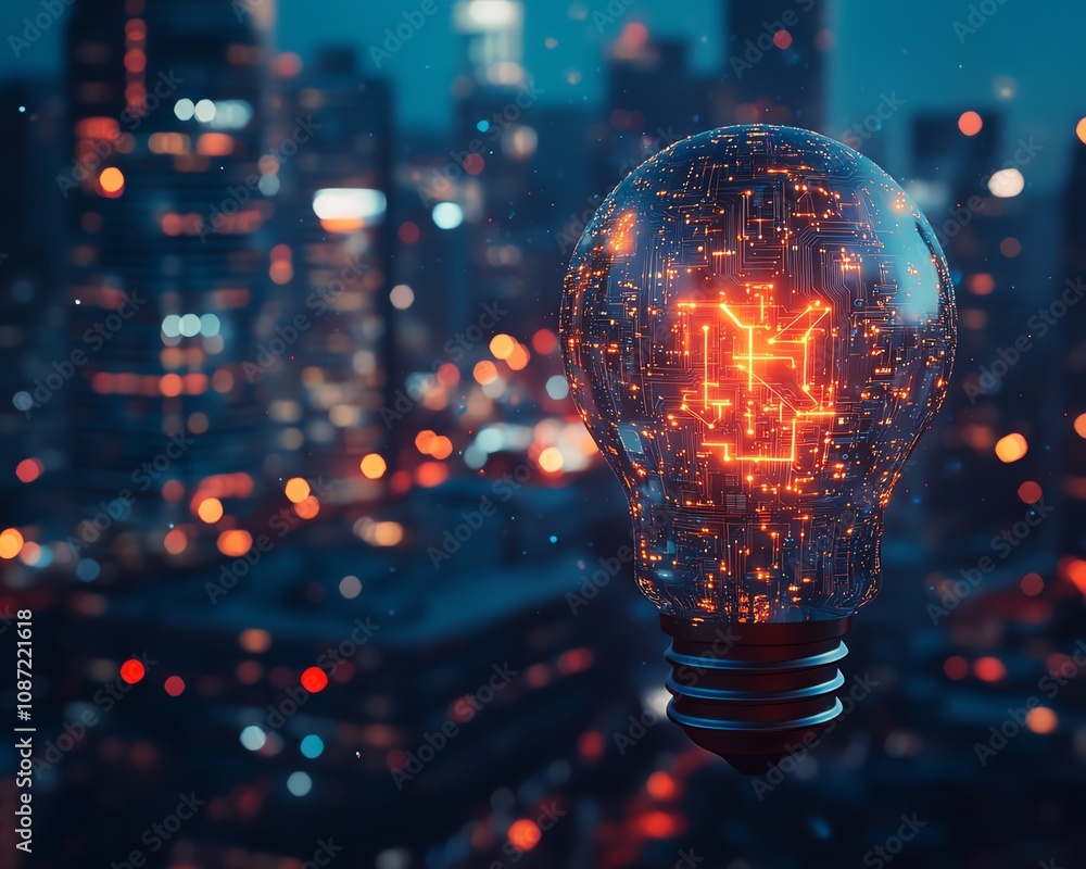 Aufkleber AI system logo featuring a holographic light bulb and circuit patterns, with a blurred night cityscape background, generative AI design
