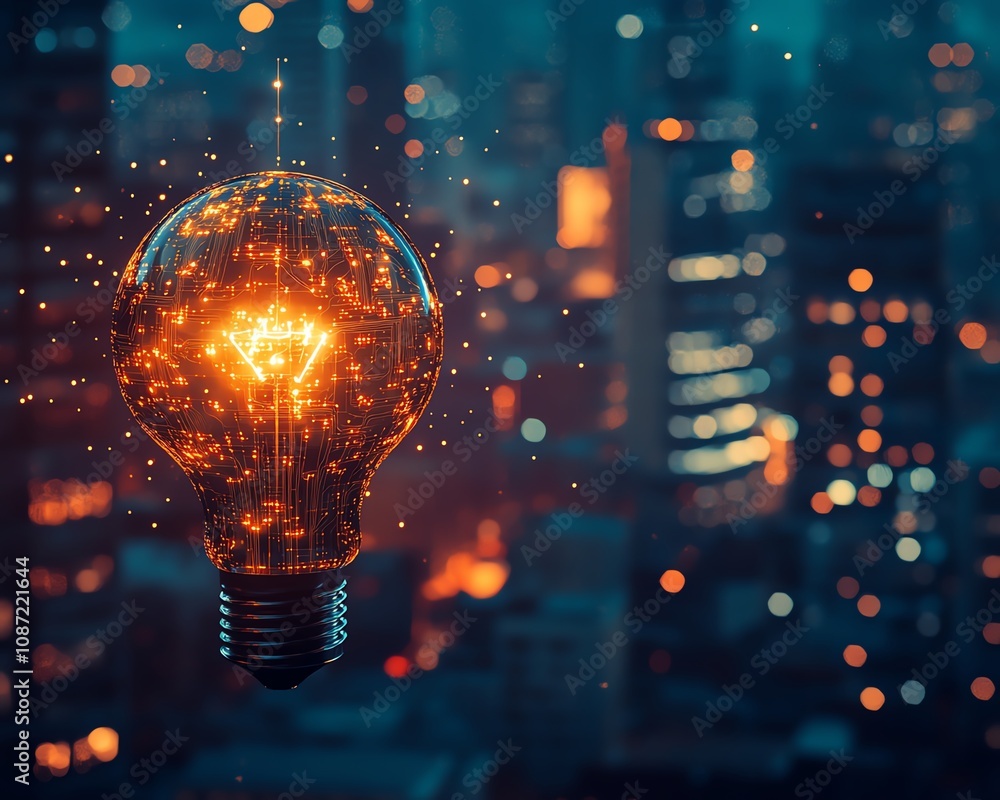 Poster ai system logo featuring a holographic light bulb and circuit patterns, with a blurred night citysca