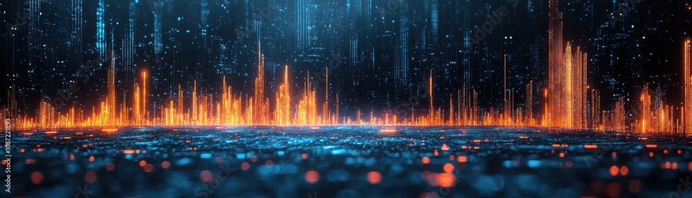 Poster analyzing digital investment analytics insights from luminous blue charts in data visualization envi