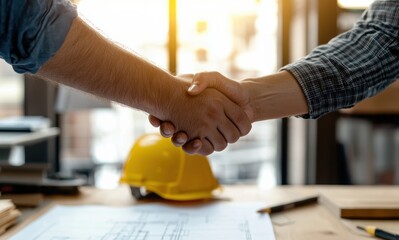 Close-up of two people shaking hands in an office, symbolizing agreement and collaboration. The warm lighting enhances the professional atmosphere of teamwork and partnership.