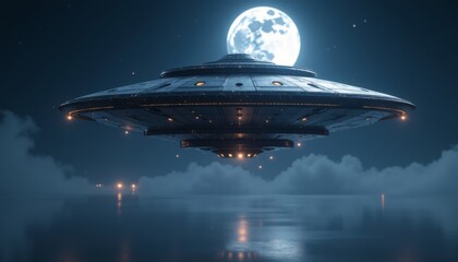 Obraz premium Mysterious UFO hovering over a tranquil lake illuminated by a full moon, symbolizing exploration and extraterrestrial encounters