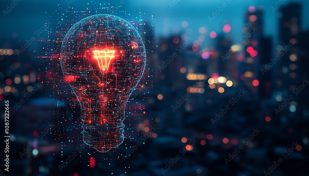 Poster Digital AI system logo with holographic light bulb and intricate circuit patterns, set against a city skyline at night, generative AI style