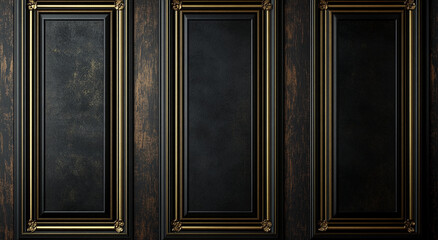 Fototapeta premium Three vertical dark wood panels feature ornate gold framing
