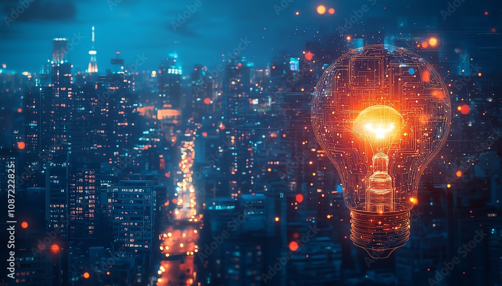 Poster digital ai system logo with holographic light bulb and intricate circuit patterns, set against a cit
