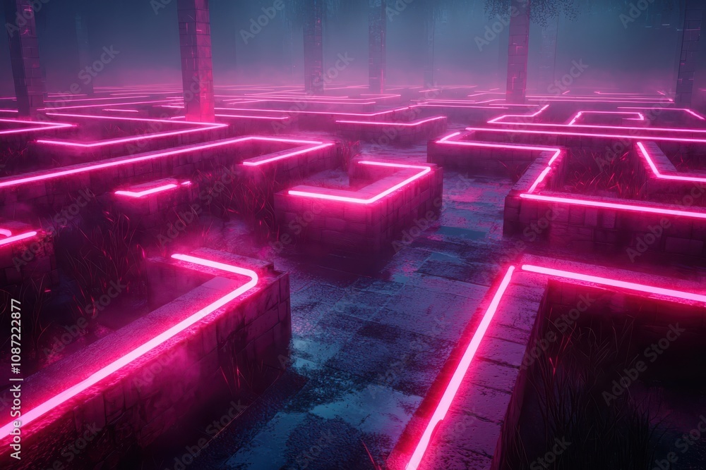 Poster exploring the digital neon maze glowing geometric blocks in a cyberpunk environment from an immersiv