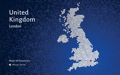 United Kingdom Map in blue glossy mosaic pattern with London